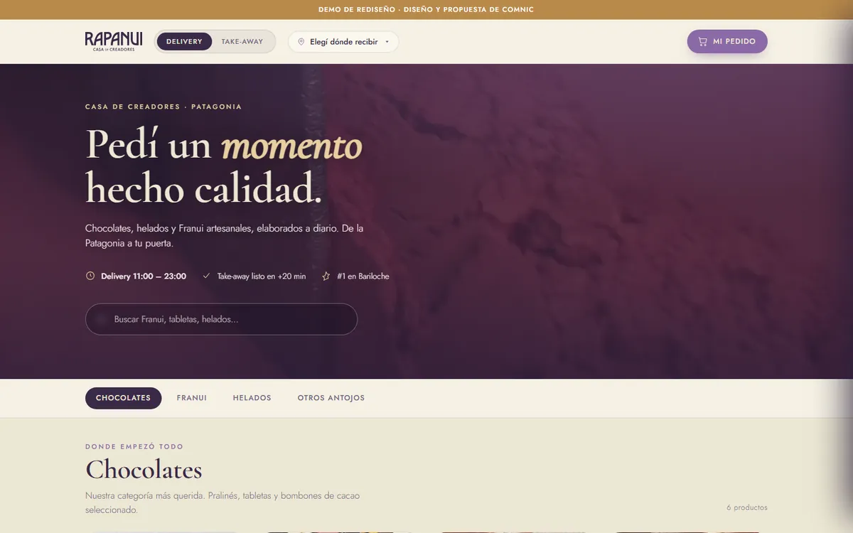 Propuesta de menú de pedidos online para Rapanui con chocolates, Franui y helados